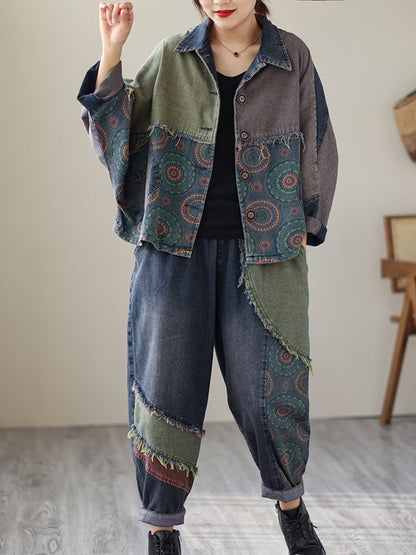 xakxx Contrast Color Fringed Split-Joint Long Sleeves Printed Outwear + Harem Pants  Two Pieces Set