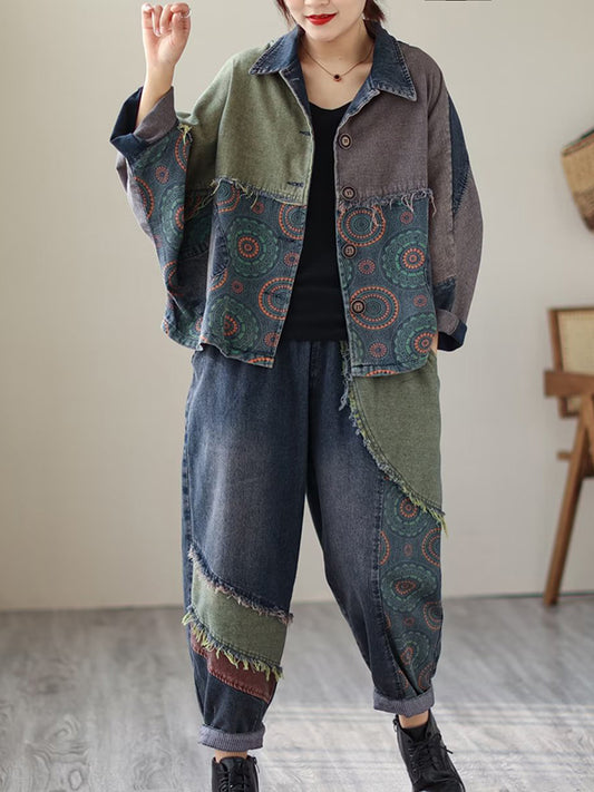xakxx Contrast Color Fringed Split-Joint Long Sleeves Printed Outwear + Harem Pants  Two Pieces Set