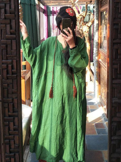 xakxx 100% Linen Manual Embroidered Long Dress
