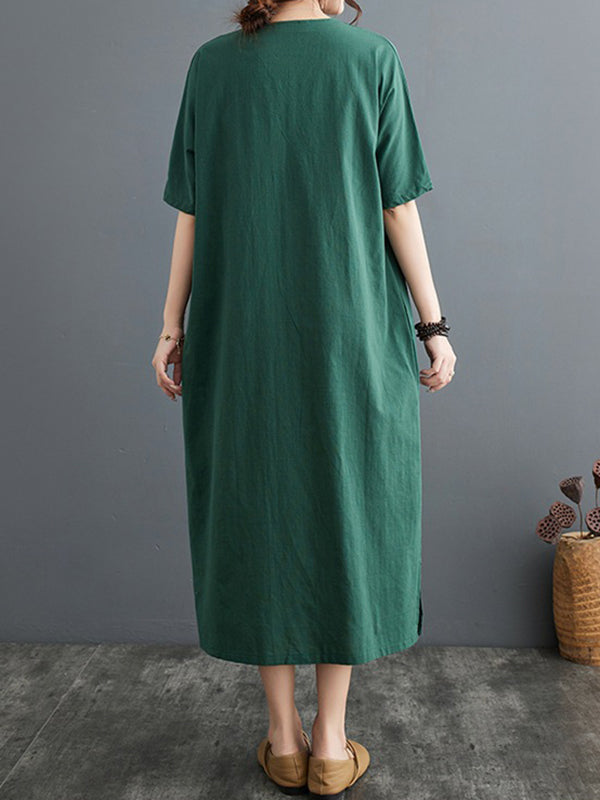 xakxx A-Line Loose Chinese Frog Buttons Pockets Solid Color Split-Side V-Neck Midi Dresses