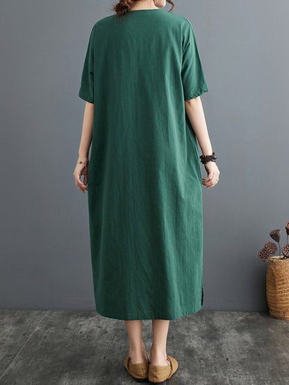 xakxx A-Line Loose Chinese Frog Buttons Pockets Solid Color Split-Side V-Neck Midi Dresses