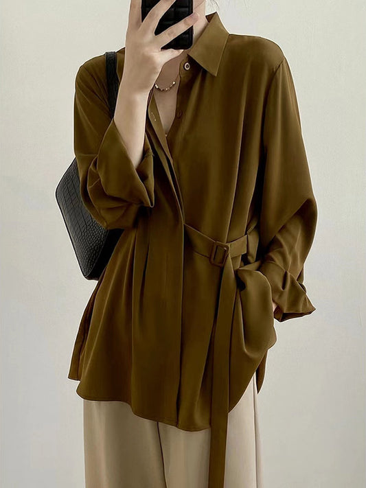 xakxx Office Loose Long Sleeves Lace-Up Solid Color Lapel Blouses