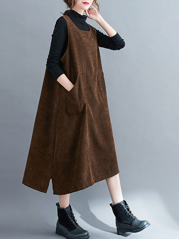 xakxx Corduroy Sleeveless Split-Joint Round-Neck Midi Dress