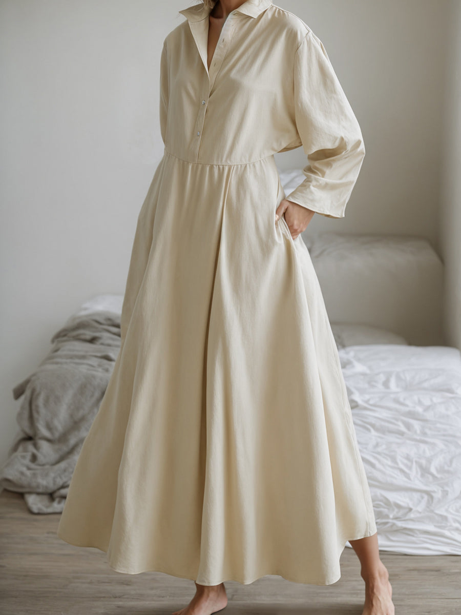 xakxx Long Sleeves Loose Buttoned Solid Color Split-Joint Lapel Midi Dresses Shirt Dress