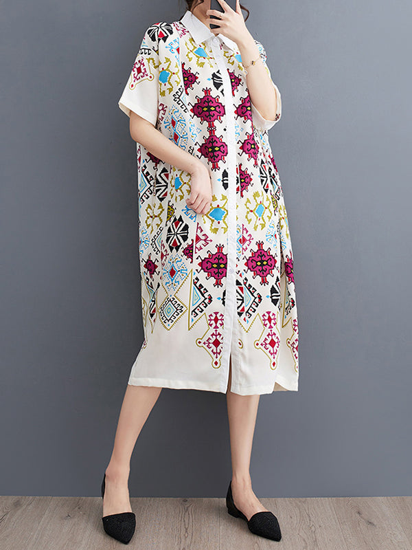 xakxx A-Line Loose Buttoned Printed Lapel Midi Dresses
