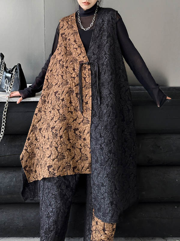 xakxx A-Line High-Low Asymmetric Contrast Color Jacquard Vest Top + Elasticity Pants Bottom Two Pieces Set