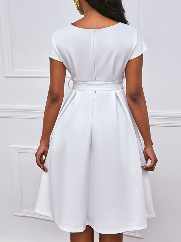 xakxx Bowknot Lace-Up Solid Color V-Neck Midi Dresses