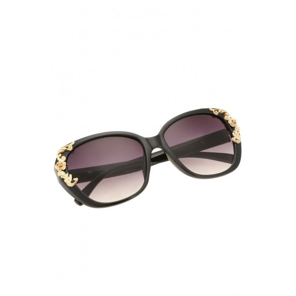 xakxx Women's Vintage Gold-tone Roses Carving Oversize Black Frame Sunglasses
