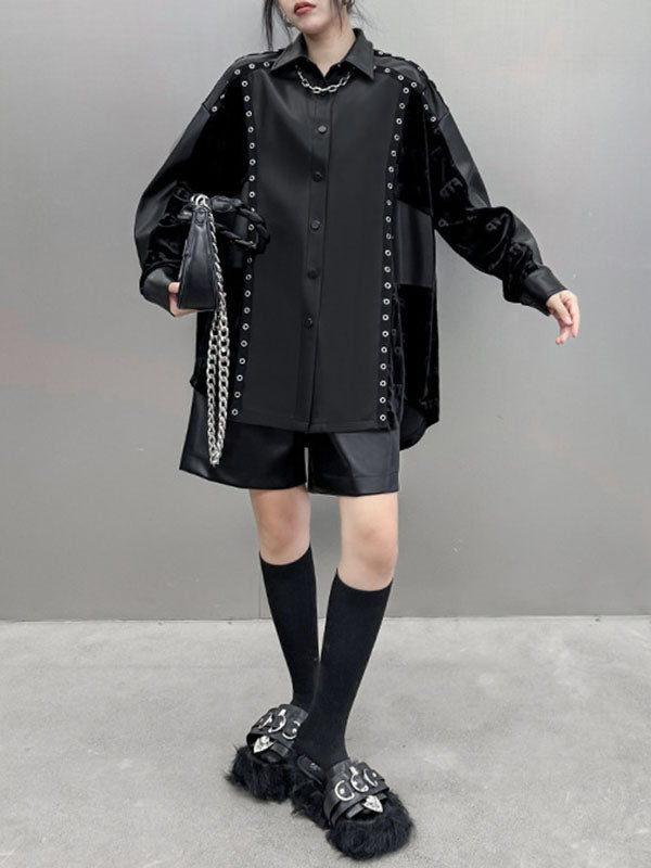 xakxx High-Low Long Sleeves Buttoned Split-Joint Lapel Blouses&Shirts Tops