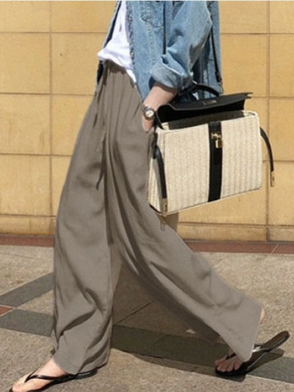 xakxx High Waisted Loose Drawstring Pockets Solid Color Pants Trousers