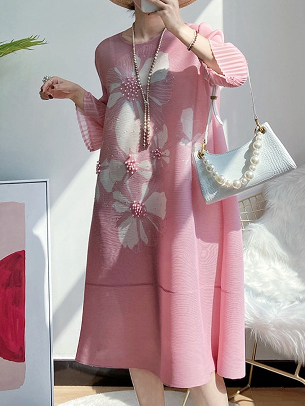xakxx Flared Sleeves Loose Floral Printed Round-Neck Midi Dresses