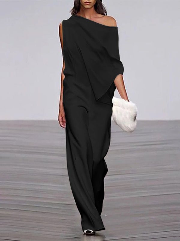 xakxx Loose Solid Color Off-The-Shoulder Jumpsuits