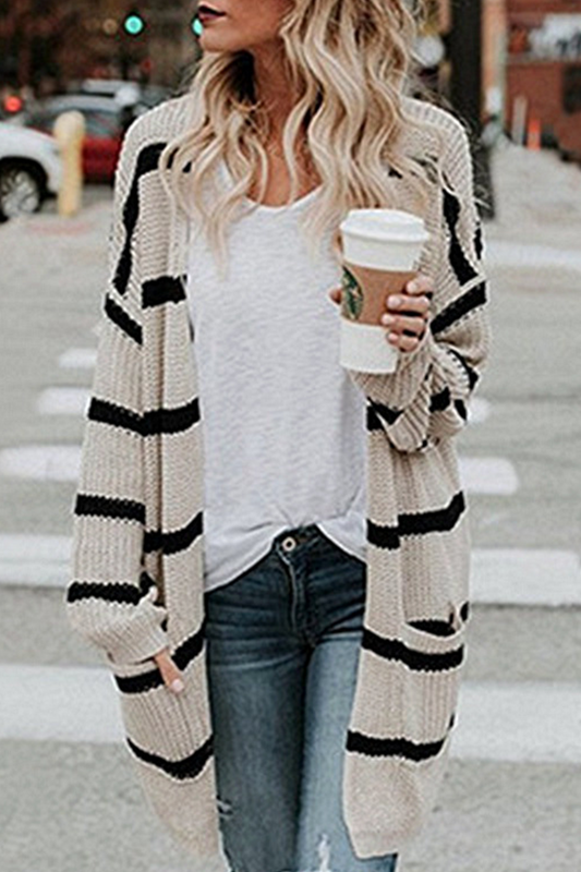 xakxx xakxx-Fashion Striped Patchwork Cardigan Collar Outerwear