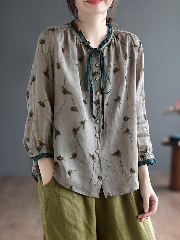 xakxx Long Sleeves Loose Floral Printed Lace-Up Round-Neck Blouses&Shirts Tops