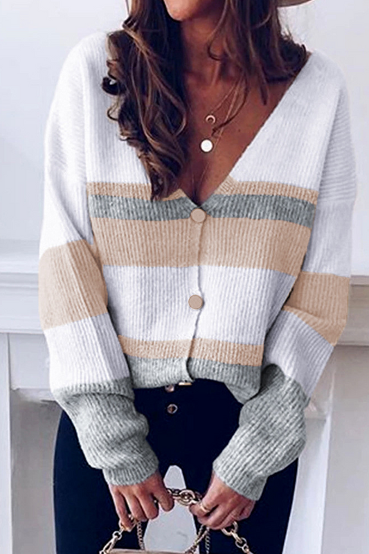 xakxx xakxx-Casual Striped Patchwork V Neck Tops(4 colors)