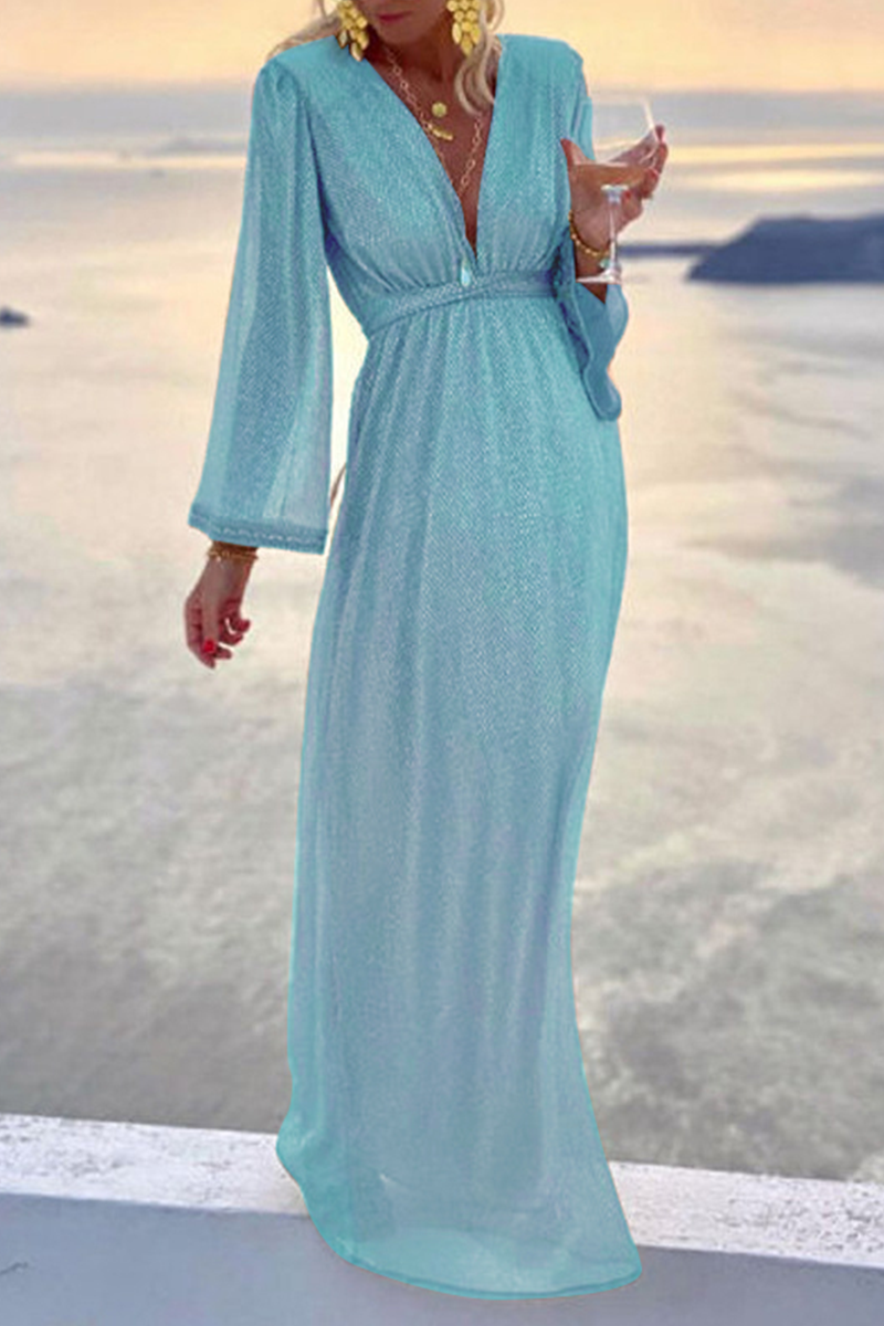 Fashion Elegant Solid Patchwork Fold V Neck Evening Dress Dresses(4 Colors)