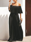 xakxx Loose Pleated Solid Color Off-The-Shoulder Maxi Dresses