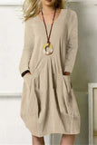 Fashion Casual Solid Pocket O Neck Long Sleeve Dresses(4 Colors)
