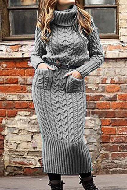 Work Striped Without Belt Solid Color Turtleneck Sheath Dresses