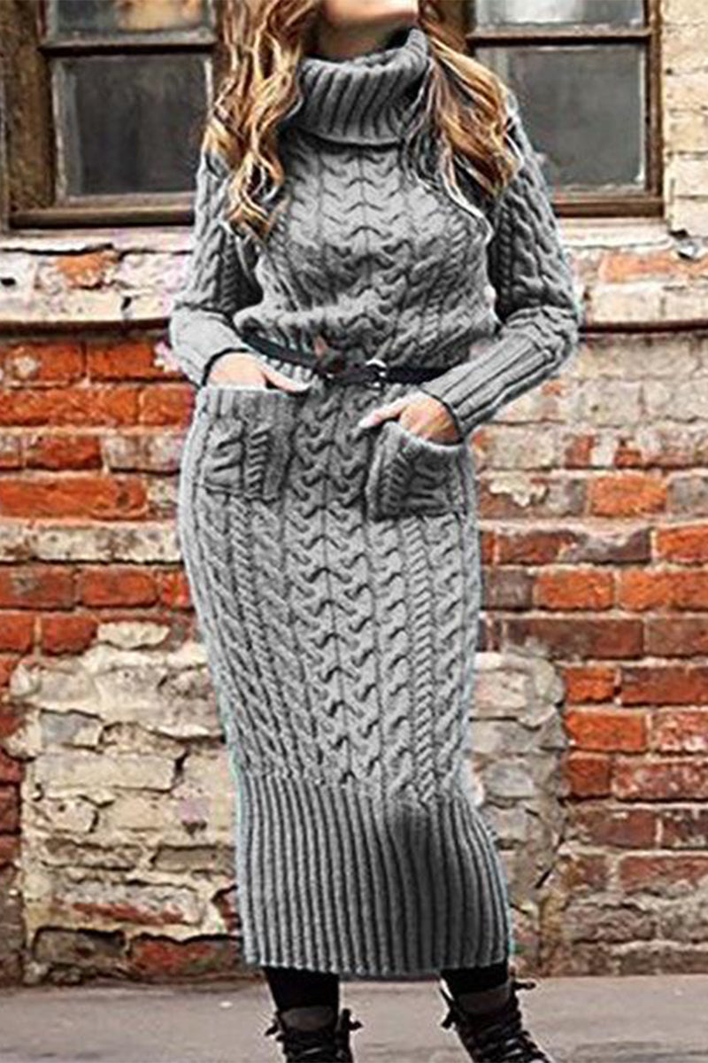 Work Striped Without Belt Solid Color Turtleneck Sheath Dresses