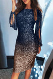 Elegant Print Sequins O Neck Pencil Skirt Dresses(4 Colors)