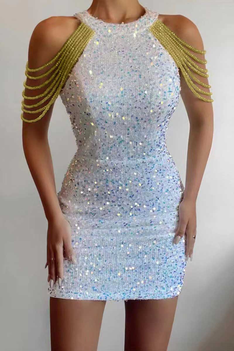 Sexy Elegant Solid Sequins Patchwork Chains O Neck Pencil Skirt Dresses(3 Colors)