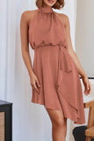 Celebrities Elegant Solid Asymmetrical Halter Irregular Dress Dresses