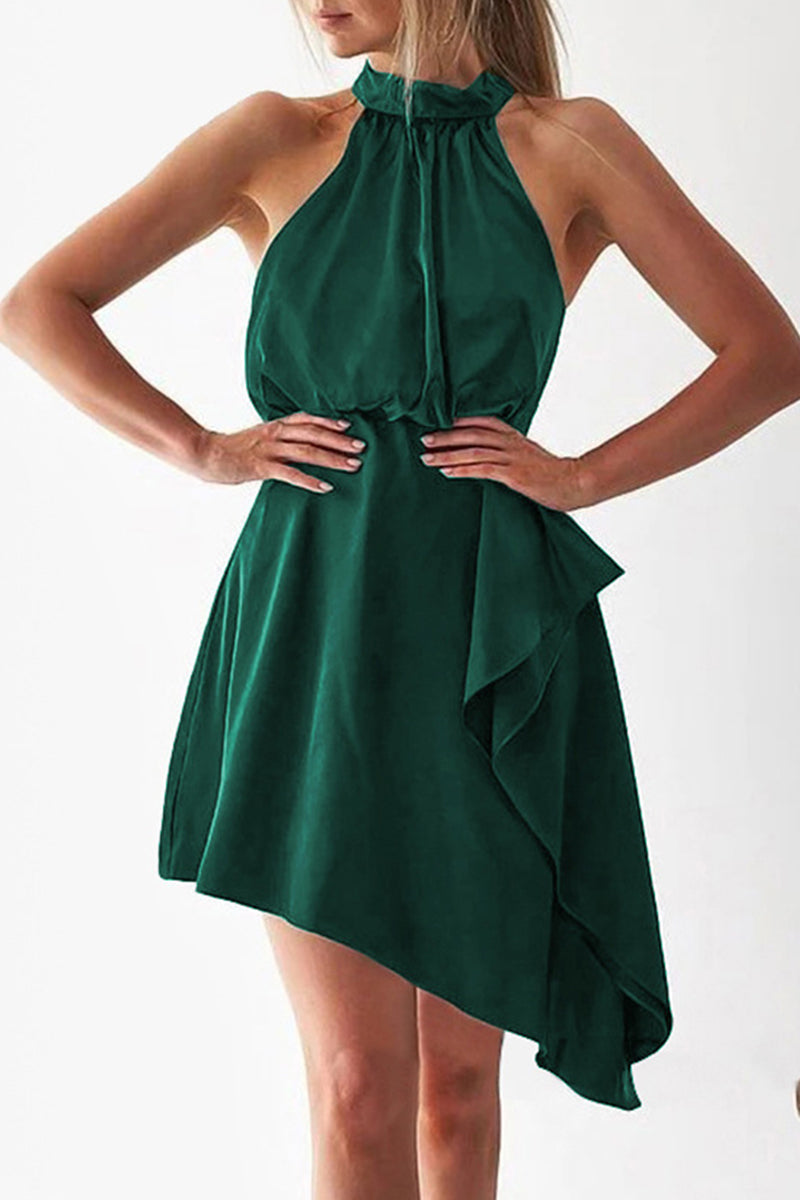 Celebrities Elegant Solid Asymmetrical Halter Irregular Dress Dresses