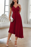 Sweet Elegant Solid Flounce V Neck Sling Dress Dresses