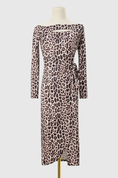 Sexy Street Animal Print Patchwork Frenulum Off the Shoulder Printed Dress Dresses(4 Colors)