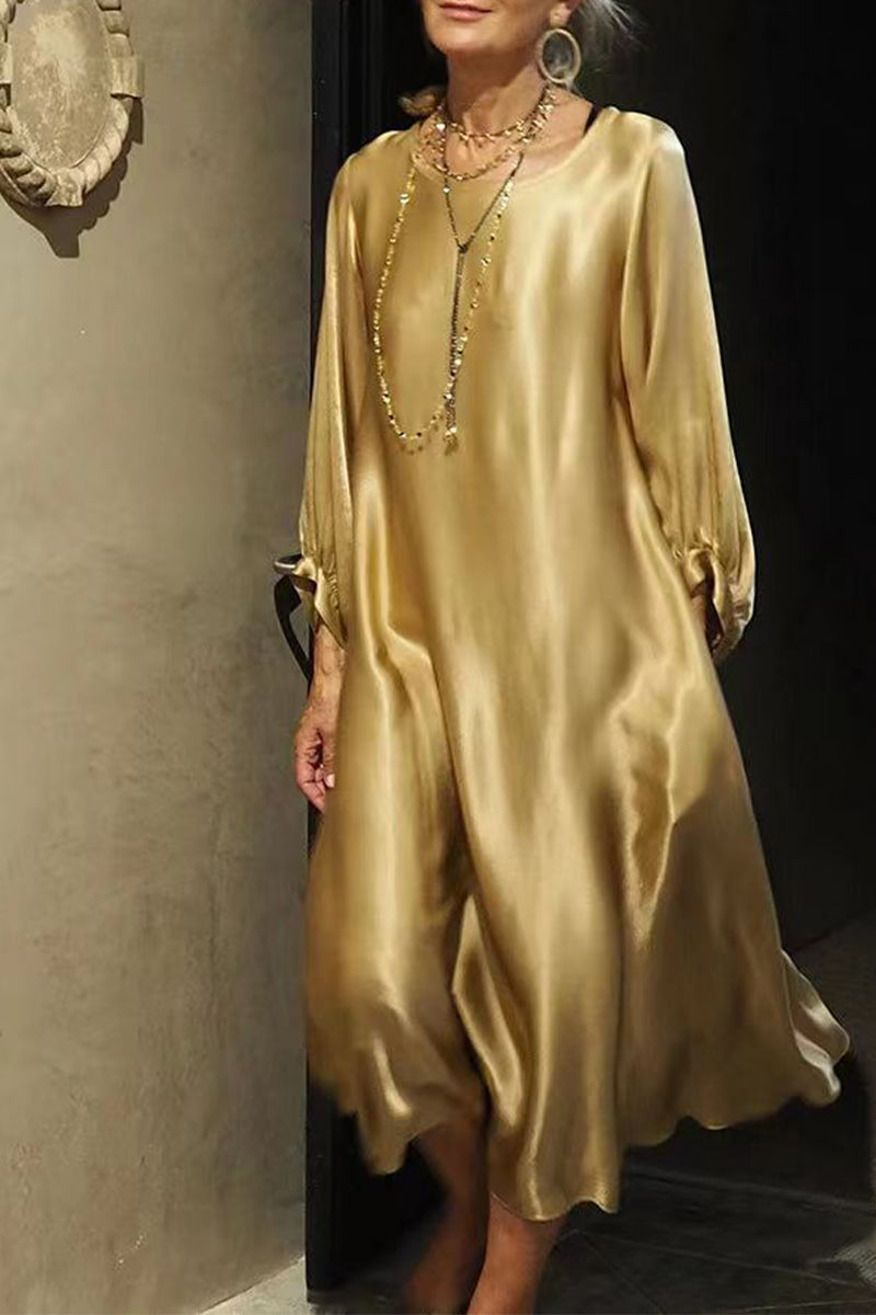 Celebrities Elegant Solid Bright Silk O Neck Long Sleeve Dresses(3 Colors)