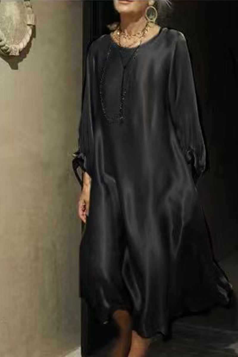 Celebrities Elegant Solid Bright Silk O Neck Long Sleeve Dresses(3 Colors)