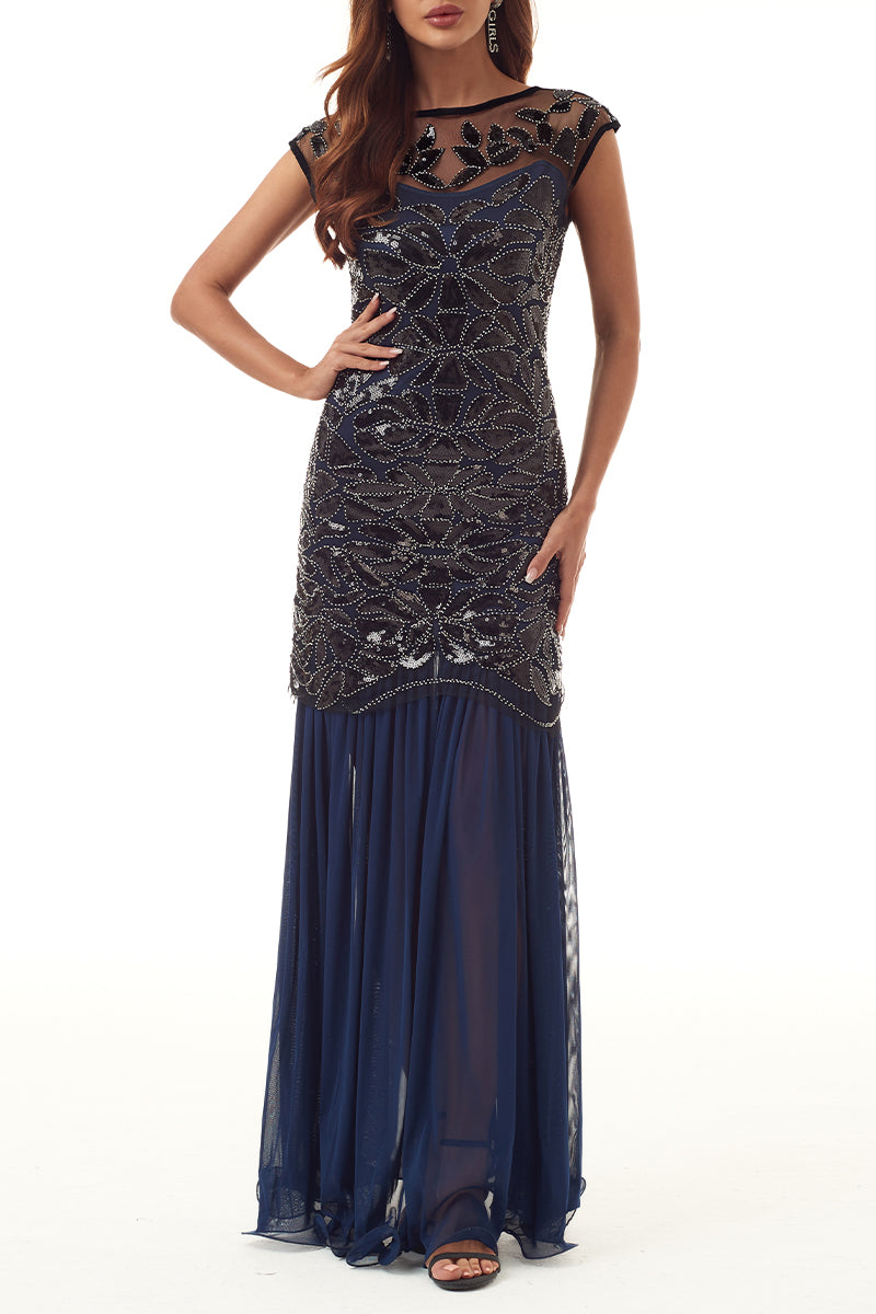 Elegant Formal Patchwork Sequins Beading Zipper O Neck Evening Dress Dresses