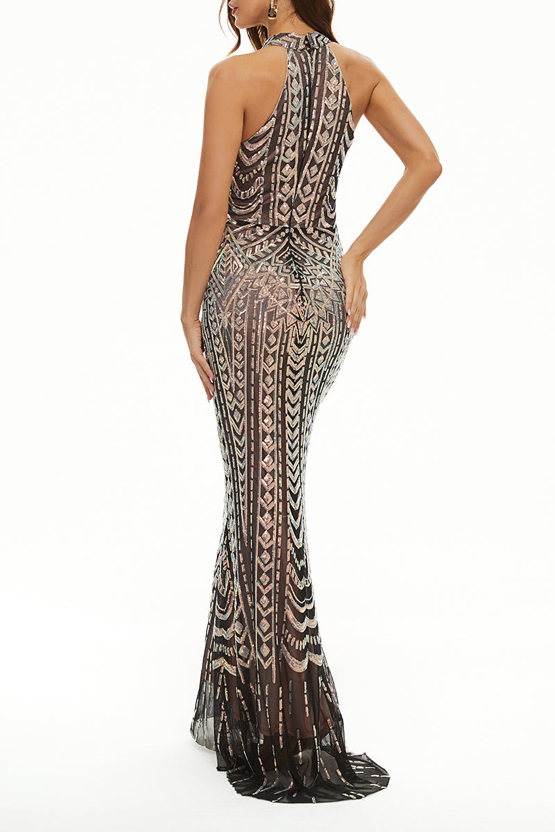 Celebrities Elegant Patchwork Contrast Halter Evening Dress Dresses(4 Colors)