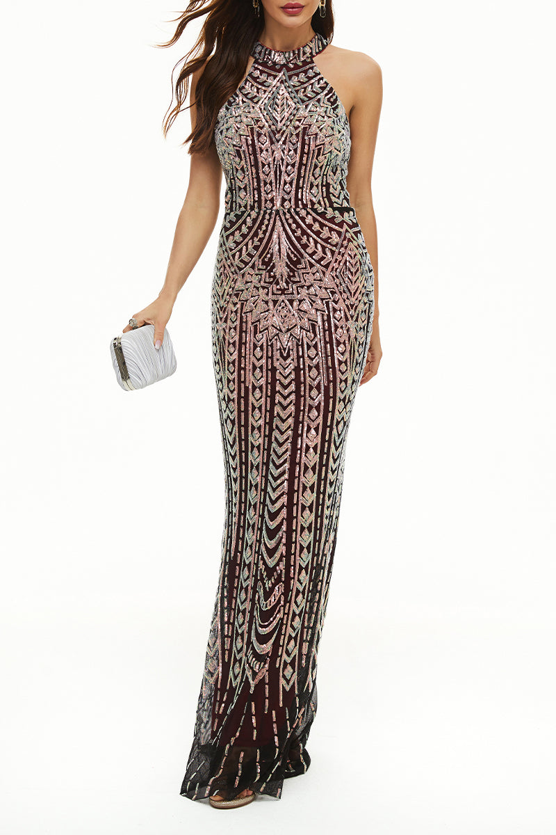 Celebrities Elegant Patchwork Contrast Halter Evening Dress Dresses(4 Colors)
