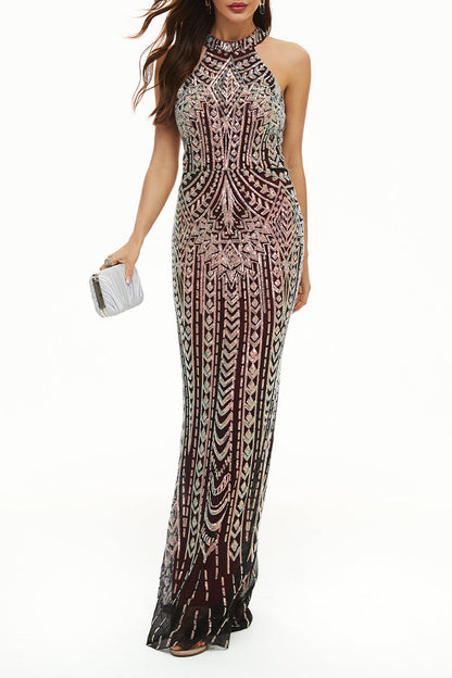 Celebrities Elegant Patchwork Contrast Halter Evening Dress Dresses(4 Colors)