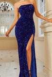 Formal Solid Sequins Slit Strapless Evening Dress Dresses