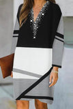 Casual Color Block Contrast V Neck Long Sleeve Dresses(5 Colors)