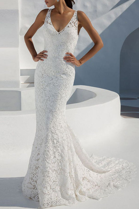 Sexy Formal Solid Lace V Neck Evening Dress Dresses