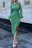Elegant Solid Feathers Slit O Neck A Line Dresses