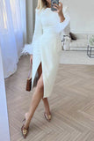 Elegant Solid Feathers Slit O Neck A Line Dresses