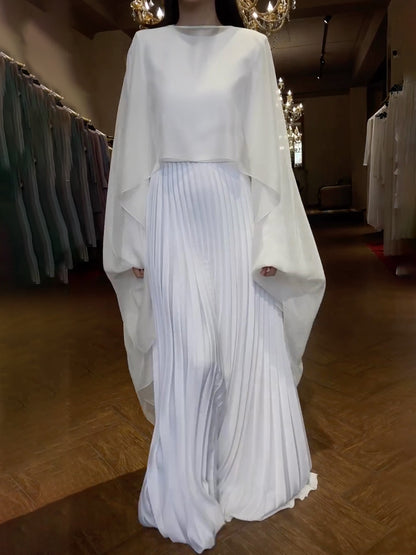 xakxx Long Sleeves Pleated Solid Color Round-Neck Evening Maxi Dresses