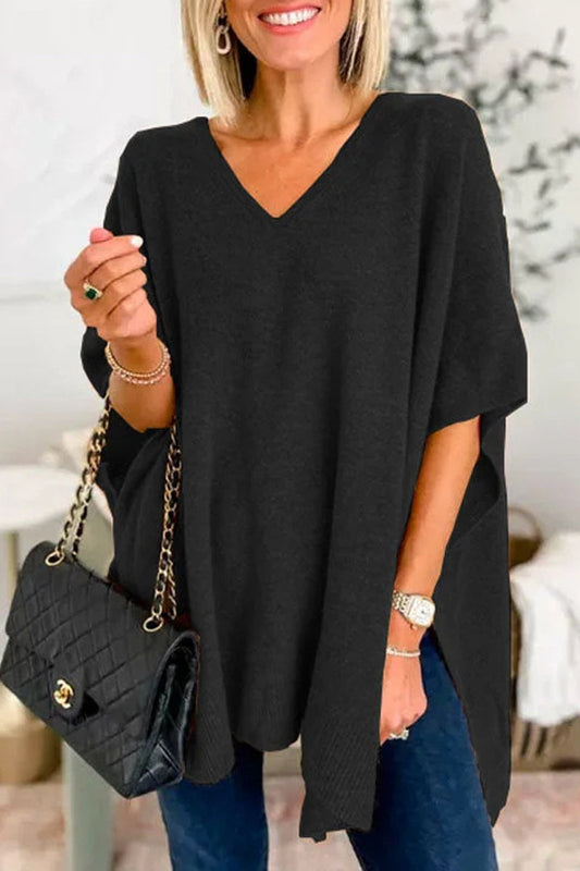 xakxx xakxx-Casual Simplicity Solid Slit V Neck Tops