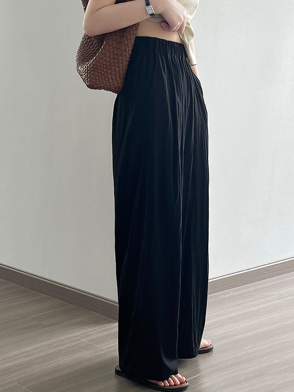 xakxx High Waisted Wide Leg Elasticity Pleated Solid Color Casual Pants Bottoms Trousers