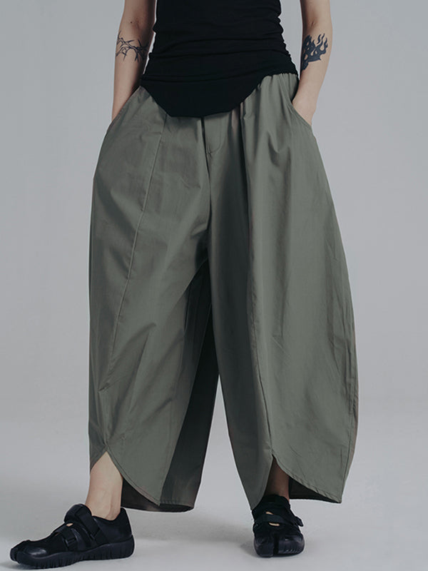 xakxx Simple Loose Elasticity Waist Wide Leg Solid Color Pants