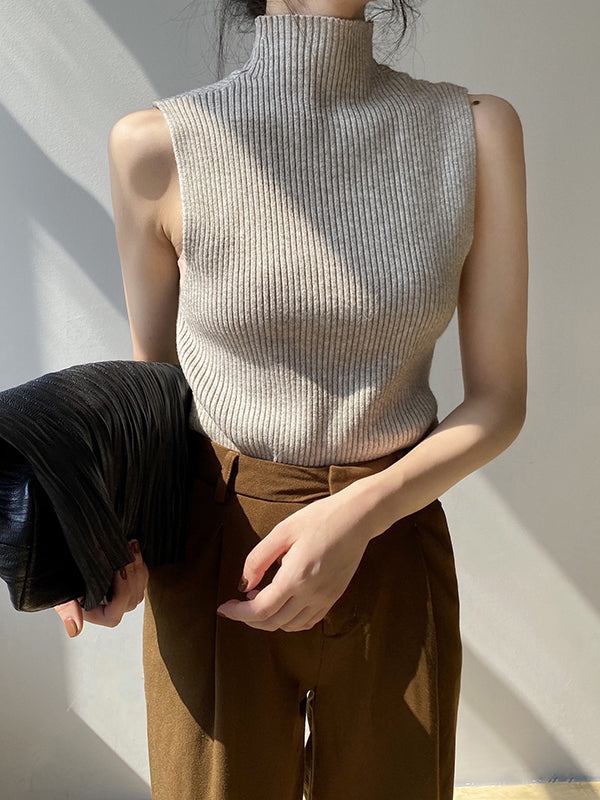 xakxx Skinny Sleeveless Solid Color High-Neck Knitwear Vest Top