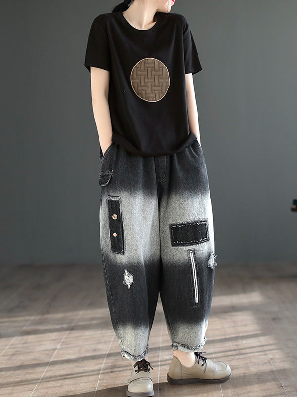 xakxx Vintage Hollow Elasticity Applique Ninth Jean Harem Pants Bottoms