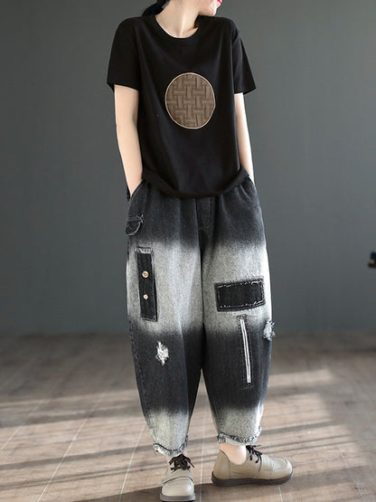 xakxx Vintage Hollow Elasticity Applique Ninth Jean Harem Pants Bottoms