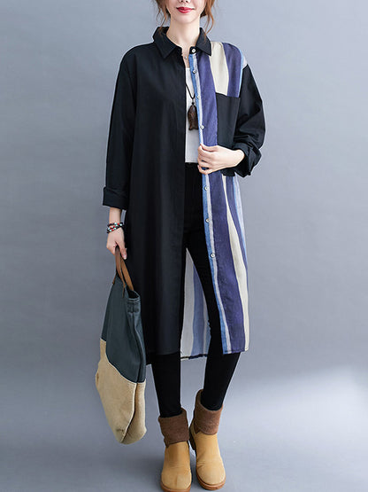 xakxx Original Buttoned Contrast Color Split-Joint  Long Sleeves Lapel Blouse