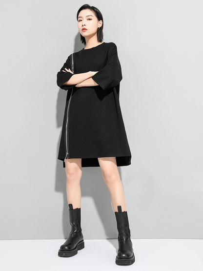 xakxx Original Black Zipper Batwing Sleeve Round-Neck Mini Dress
